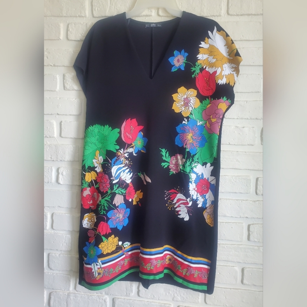 Zara Bold Floral Printed Tunic Dress Boho Cap Sleeves - Picture 14 of 14